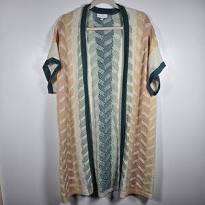 Autumn Skye Short Sleeve Zig Zag Knit Open Front Long Cardigan Sweater Medium